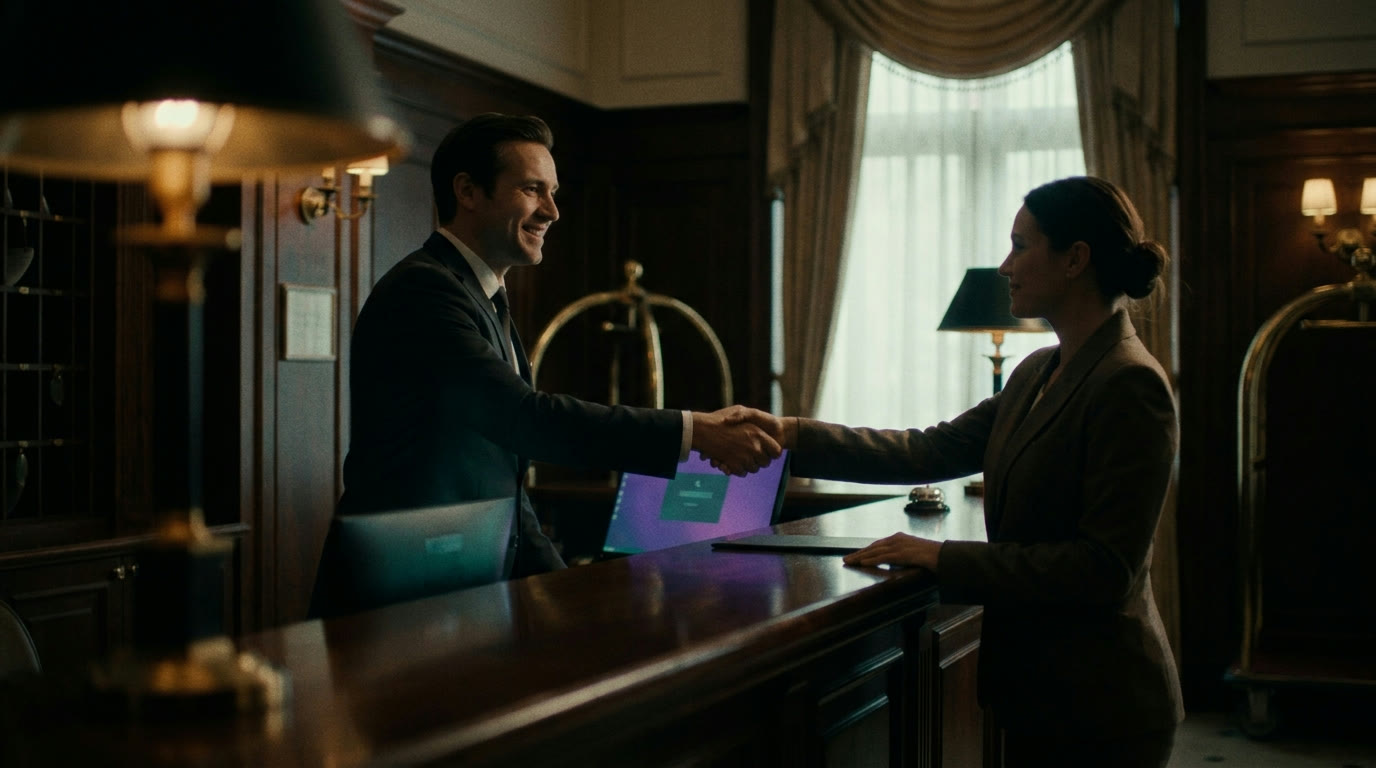 A hotel front-desk associate shaking hands with a guest across the reception desk